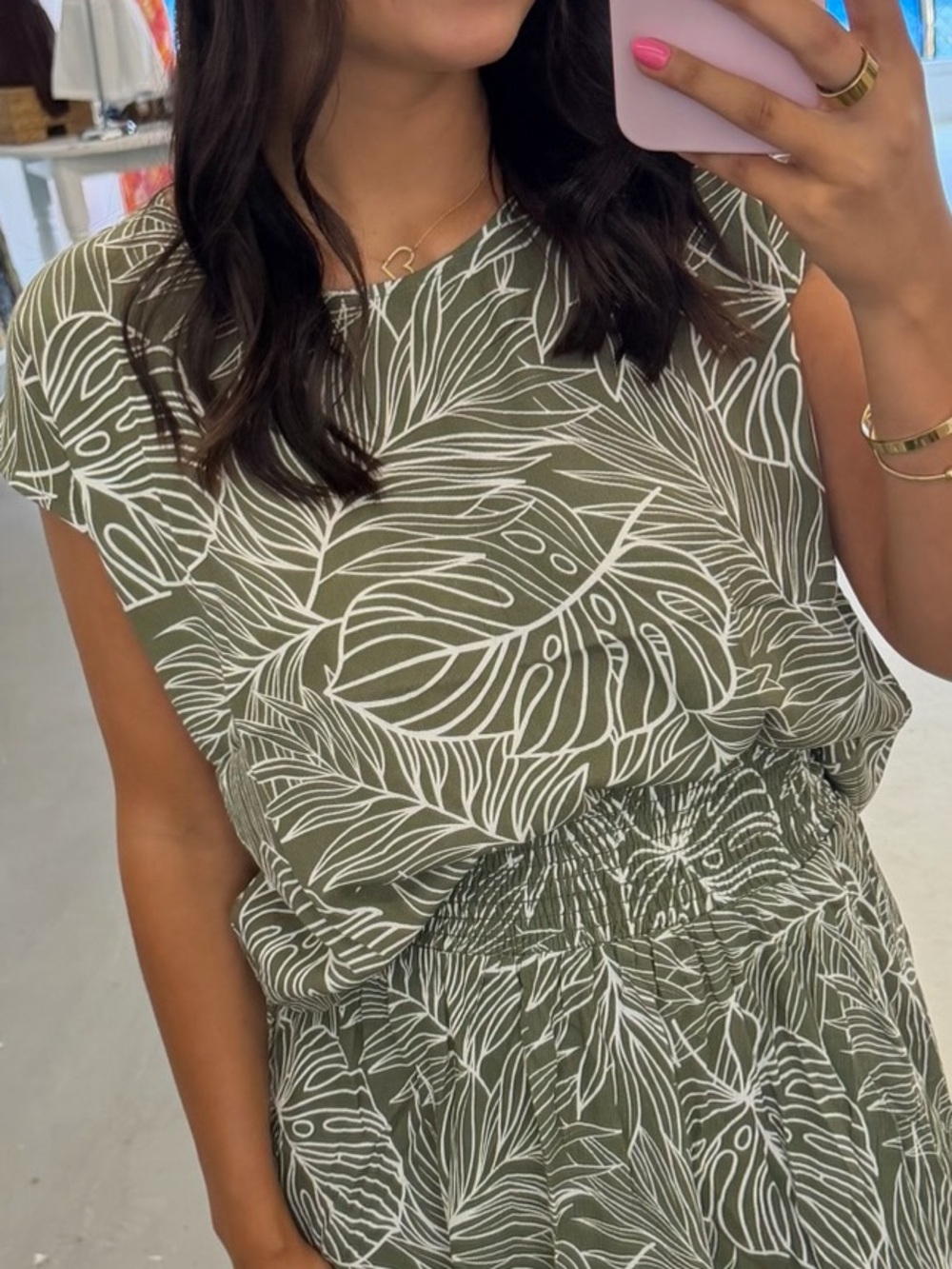 Final Touch Olive Green Leaf Print Short Sleeve Top